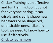 Clicker Training is an effective and fun training tool, but not for everyone or dog. It can crisply and clearly shape new behaviors or re-shape old, undesirable ones.  Like any tool, we need to know how to use if effectively. Click to learn more